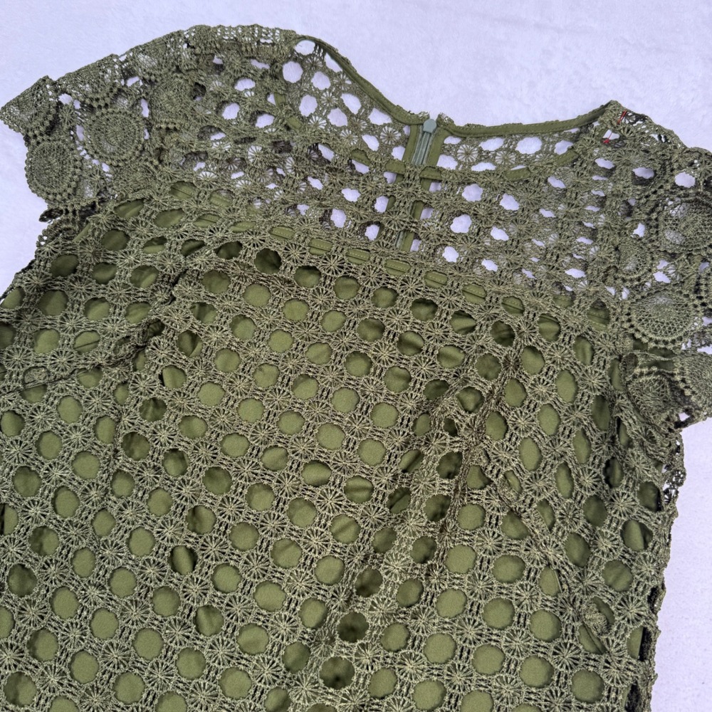Adrianna Papell Olive Green Crochet Lace Sheath Dress Short Sleeve Size 2
